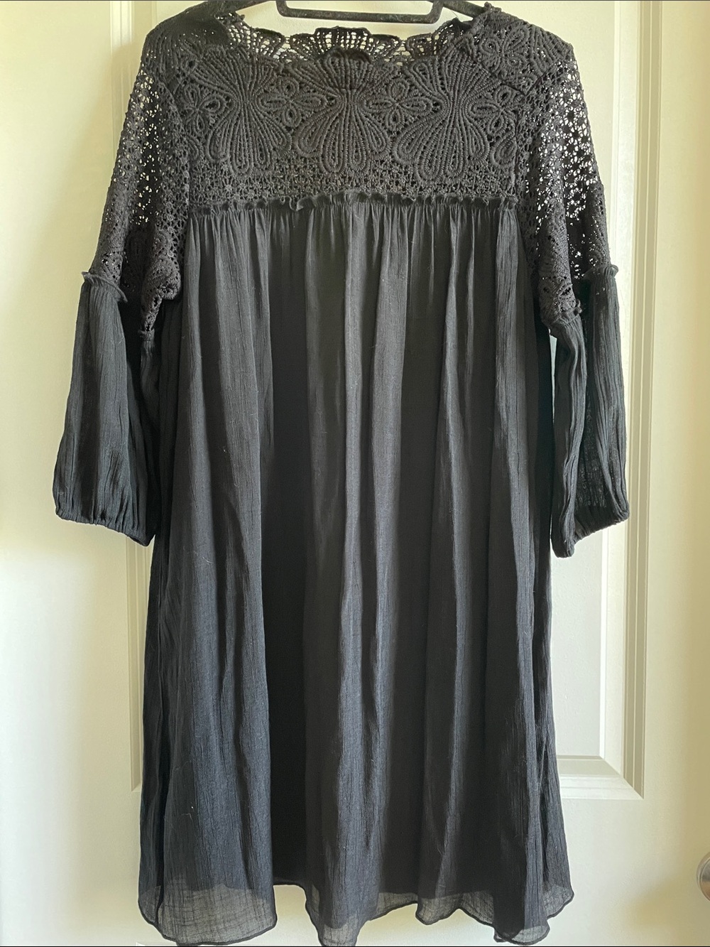 Black Crochet (lace) Gothic Dress, boho gauzy loose fit 3/4 sleeves